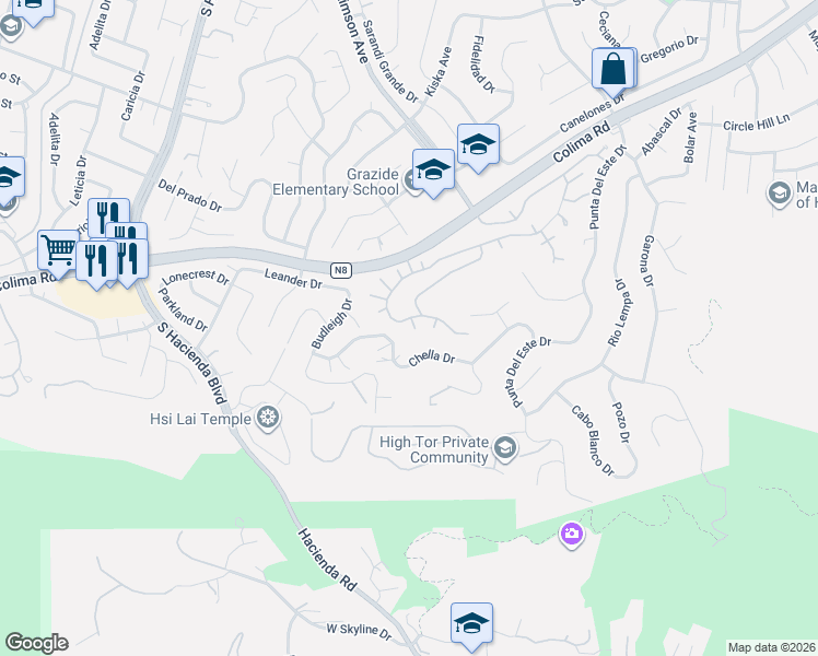 map of restaurants, bars, coffee shops, grocery stores, and more near 15967 Sierra Pass Way in Hacienda Heights