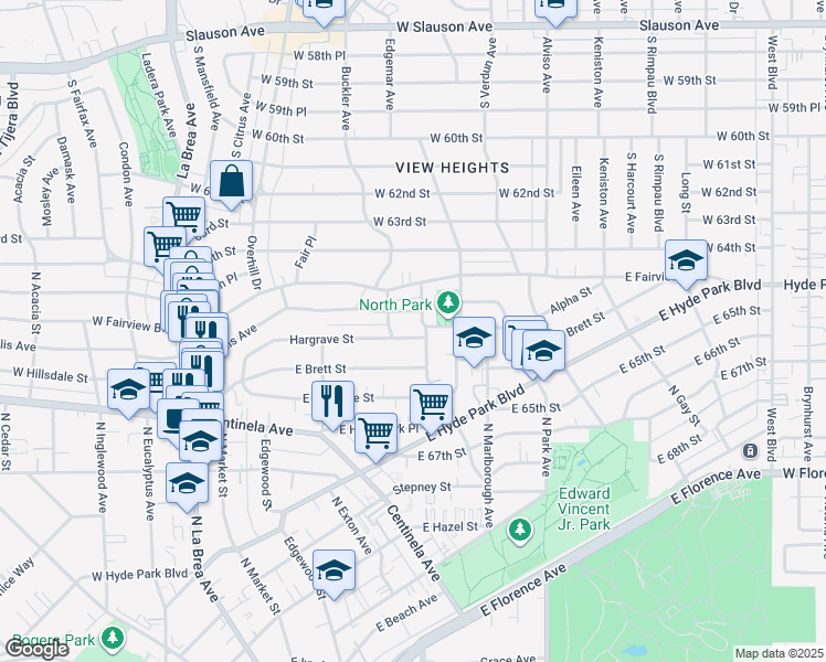 map of restaurants, bars, coffee shops, grocery stores, and more near 583 Hargrave Street in Inglewood