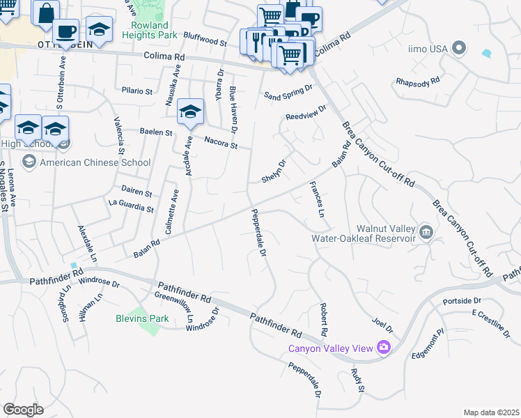 map of restaurants, bars, coffee shops, grocery stores, and more near 19607 East Castlebar Drive in Rowland Heights