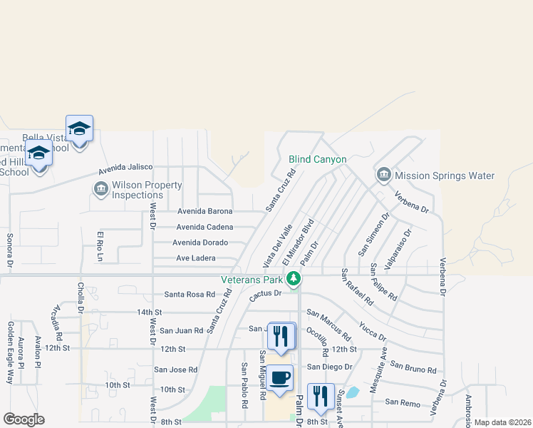 map of restaurants, bars, coffee shops, grocery stores, and more near Santa Cruz Road & Avenida Barona in Desert Hot Springs