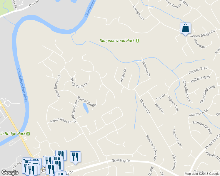 map of restaurants, bars, coffee shops, grocery stores, and more near 4261 Quail Ridge Way in Norcross