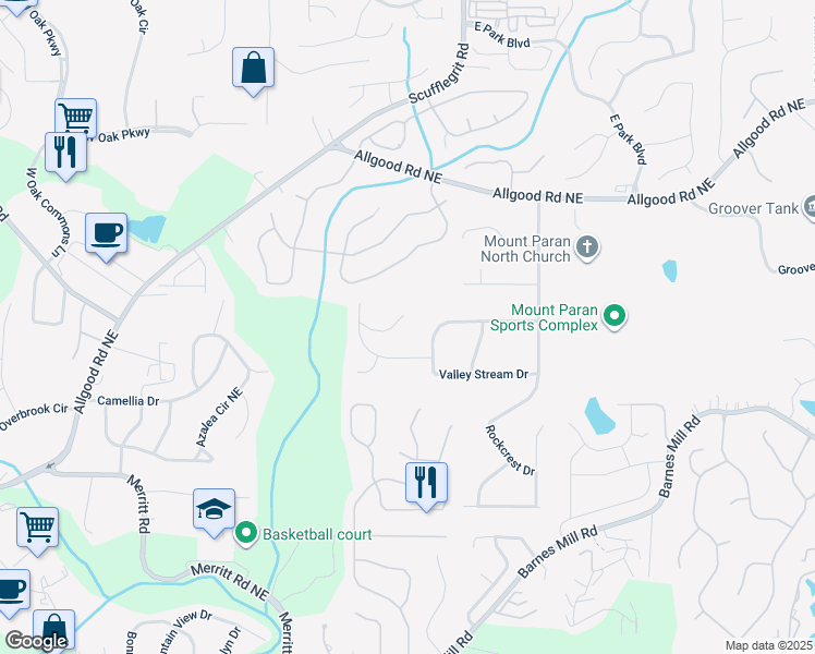 map of restaurants, bars, coffee shops, grocery stores, and more near 1463 Shadowrock Heights in Marietta
