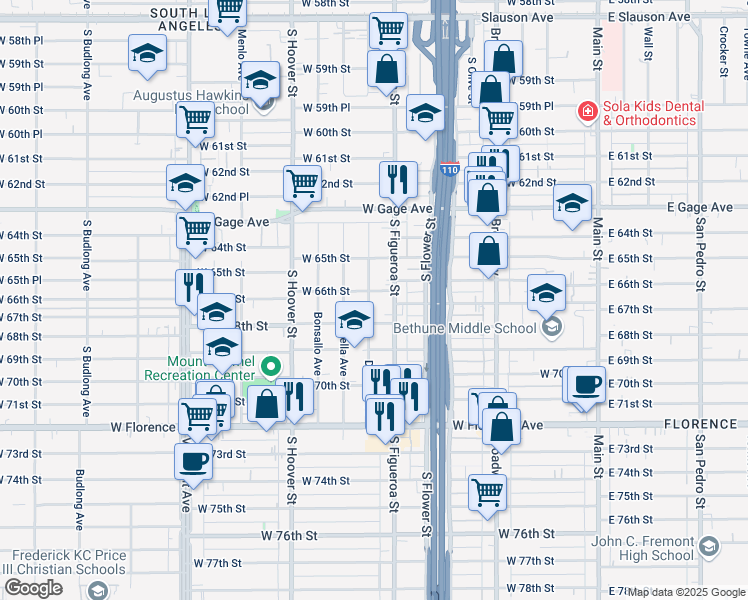 map of restaurants, bars, coffee shops, grocery stores, and more near 6606 Denver Avenue in Los Angeles