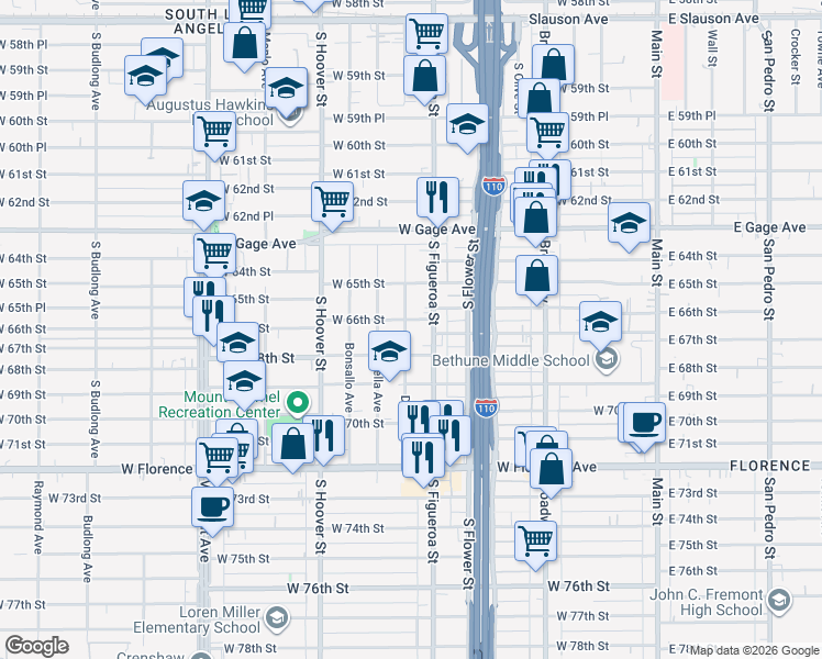 map of restaurants, bars, coffee shops, grocery stores, and more near 6606 Denver Avenue in Los Angeles