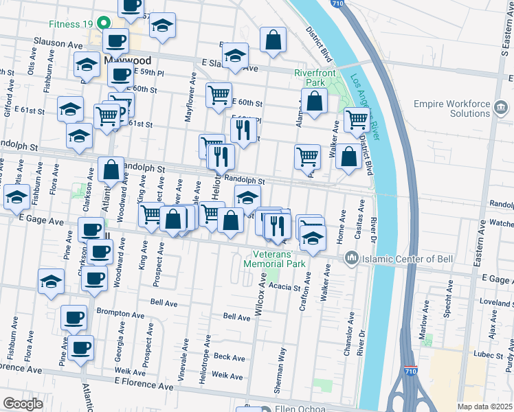 map of restaurants, bars, coffee shops, grocery stores, and more near 6240 Woodlawn Avenue in Bell