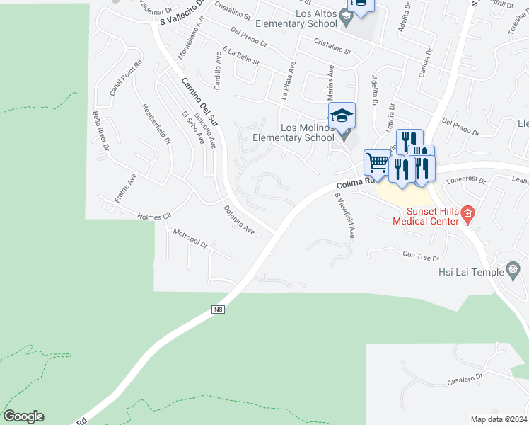 map of restaurants, bars, coffee shops, grocery stores, and more near 15442 Golden Ridge Lane in Hacienda Heights