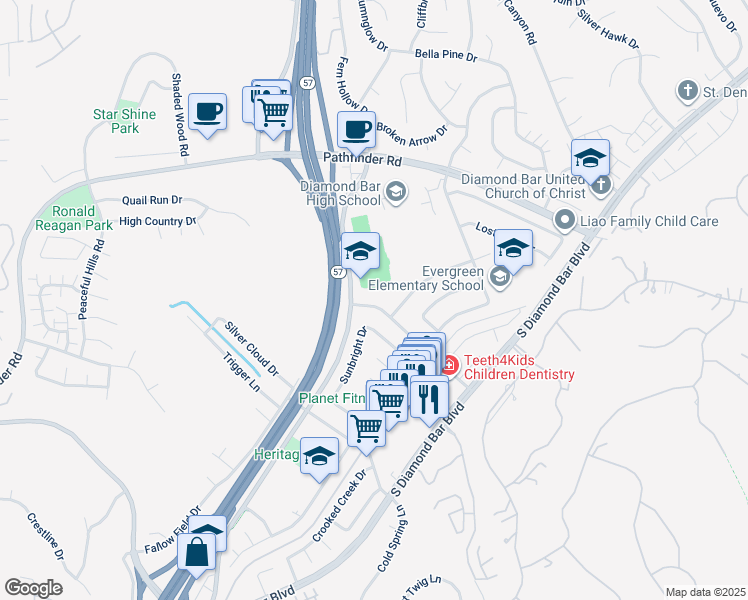 map of restaurants, bars, coffee shops, grocery stores, and more near 21223 Fountain Springs Road in Diamond Bar