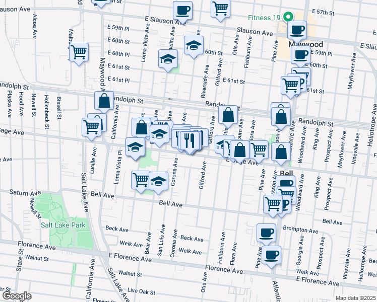 map of restaurants, bars, coffee shops, grocery stores, and more near 4025 Gage Avenue in Bell