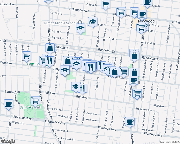 map of restaurants, bars, coffee shops, grocery stores, and more near 4025 Gage Avenue in Bell