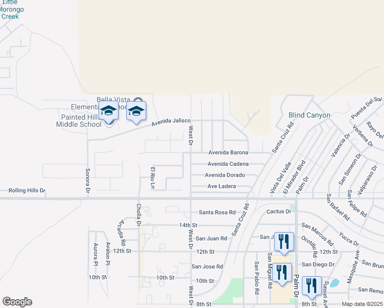 map of restaurants, bars, coffee shops, grocery stores, and more near 66029 Avenida Barona in Desert Hot Springs