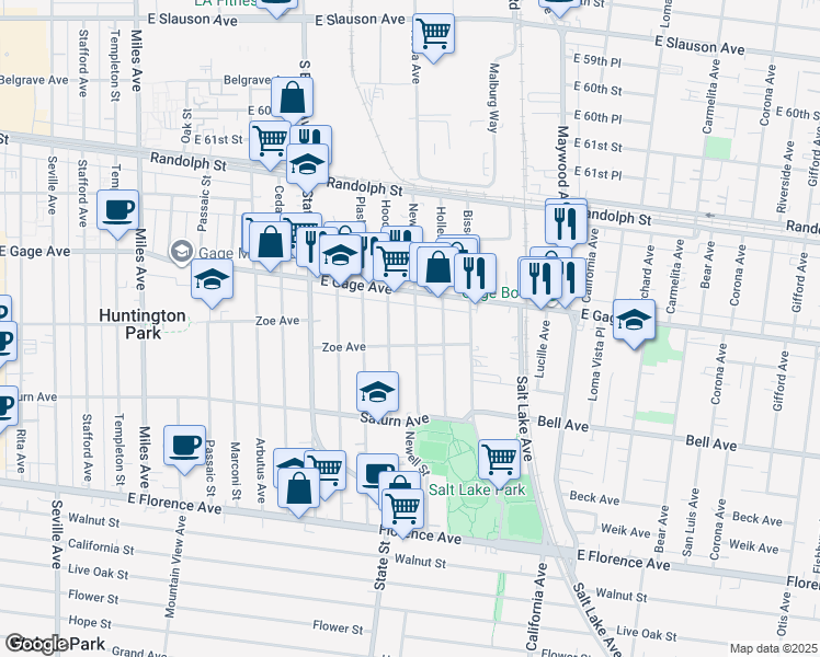 map of restaurants, bars, coffee shops, grocery stores, and more near 6427 Newell Street in Huntington Park