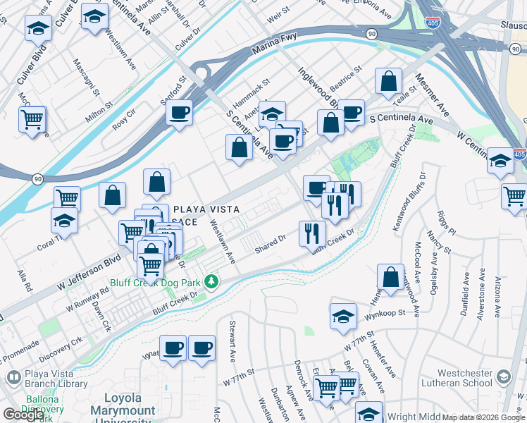map of restaurants, bars, coffee shops, grocery stores, and more near 2 Playa Vista Drive in Los Angeles