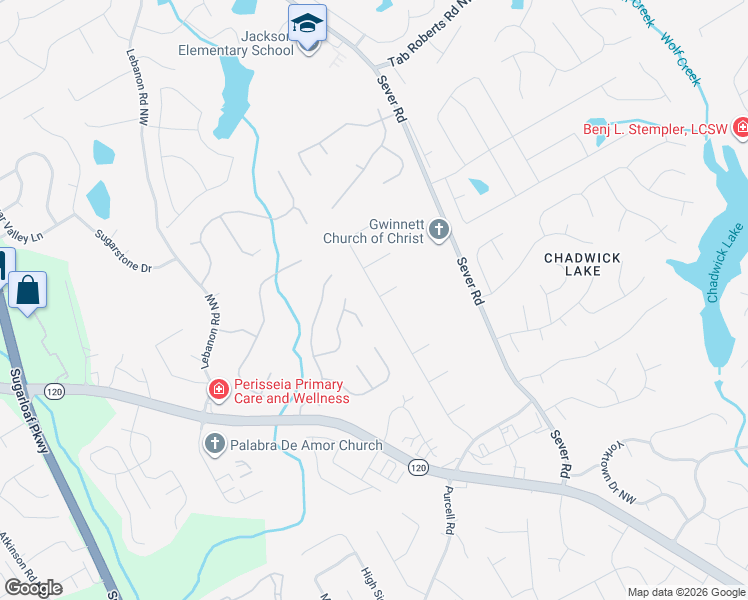 map of restaurants, bars, coffee shops, grocery stores, and more near 1705 Rambling Woods Drive Northwest in Lawrenceville
