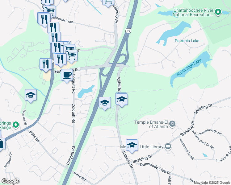 map of restaurants, bars, coffee shops, grocery stores, and more near 8220 Roberts Drive in Atlanta