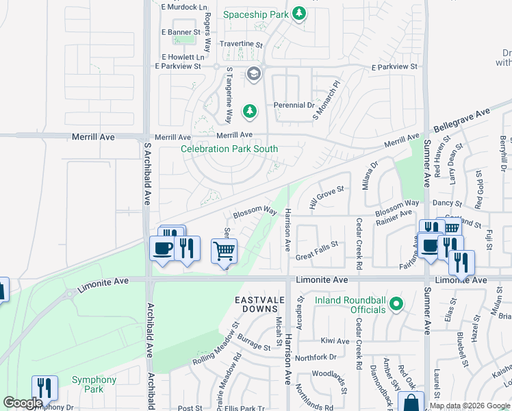 map of restaurants, bars, coffee shops, grocery stores, and more near 13890 Blossom Way in Eastvale