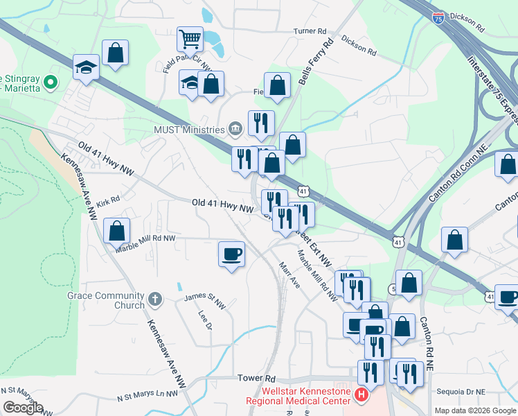 map of restaurants, bars, coffee shops, grocery stores, and more near 1100-1104 Bells Ferry Rd NW in Marietta