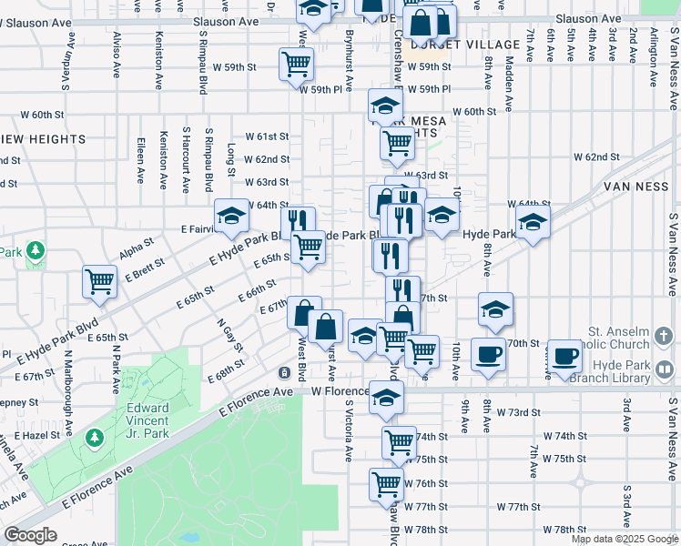map of restaurants, bars, coffee shops, grocery stores, and more near 6532 Brynhurst Avenue in Los Angeles