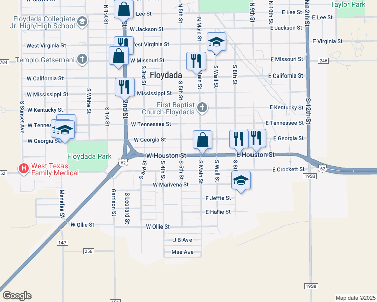 map of restaurants, bars, coffee shops, grocery stores, and more near 113-199 W Georgia St in Floydada