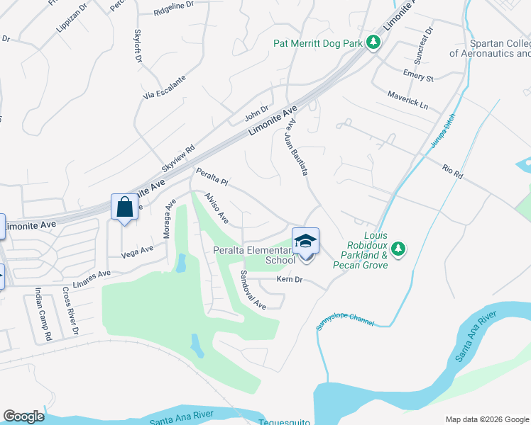 map of restaurants, bars, coffee shops, grocery stores, and more near 6890 Peralta Place in Riverside