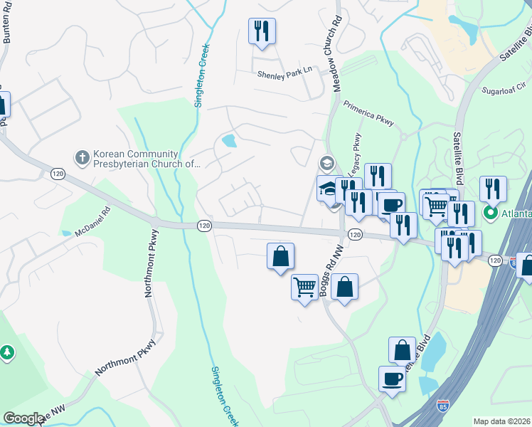 map of restaurants, bars, coffee shops, grocery stores, and more near 3600 Brookhavenrun Circle in Duluth