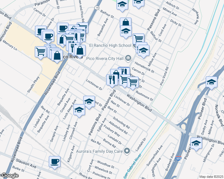map of restaurants, bars, coffee shops, grocery stores, and more near 9332 Washington Boulevard in Pico Rivera