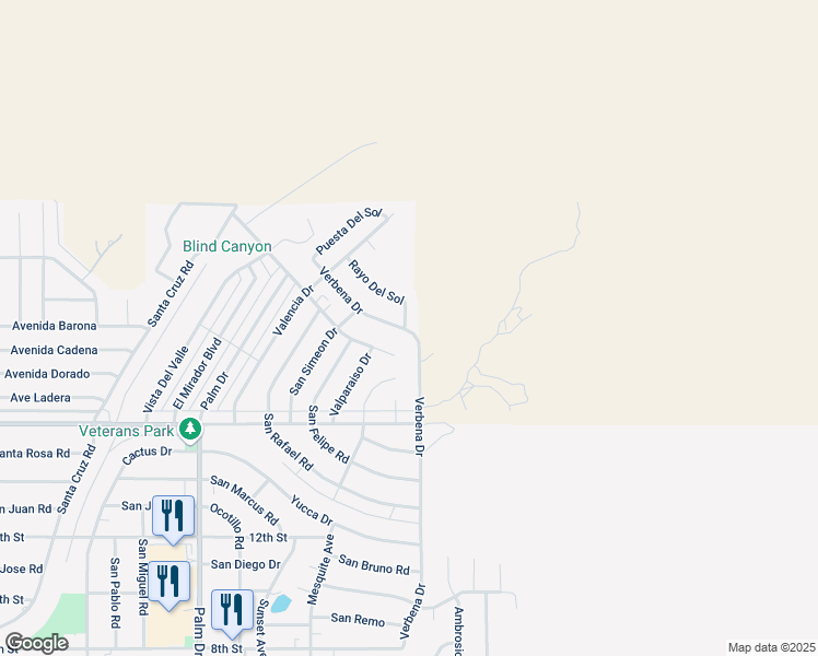 map of restaurants, bars, coffee shops, grocery stores, and more near Rayo Del Sol in Desert Hot Springs