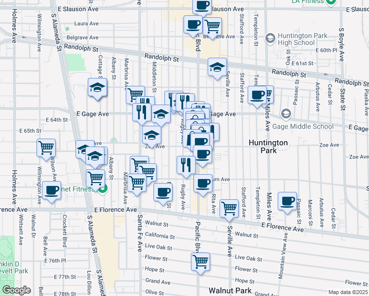 map of restaurants, bars, coffee shops, grocery stores, and more near 2507 Zoe Avenue in Huntington Park