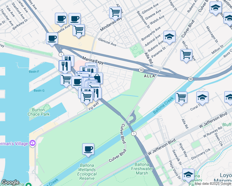 map of restaurants, bars, coffee shops, grocery stores, and more near 13228 Fiji Way in Marina del Rey