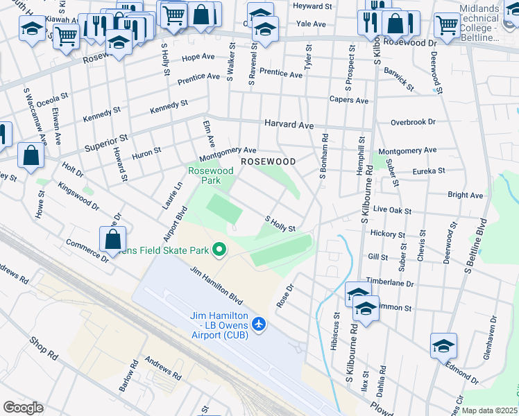 map of restaurants, bars, coffee shops, grocery stores, and more near 1053 Elm Avenue in Columbia