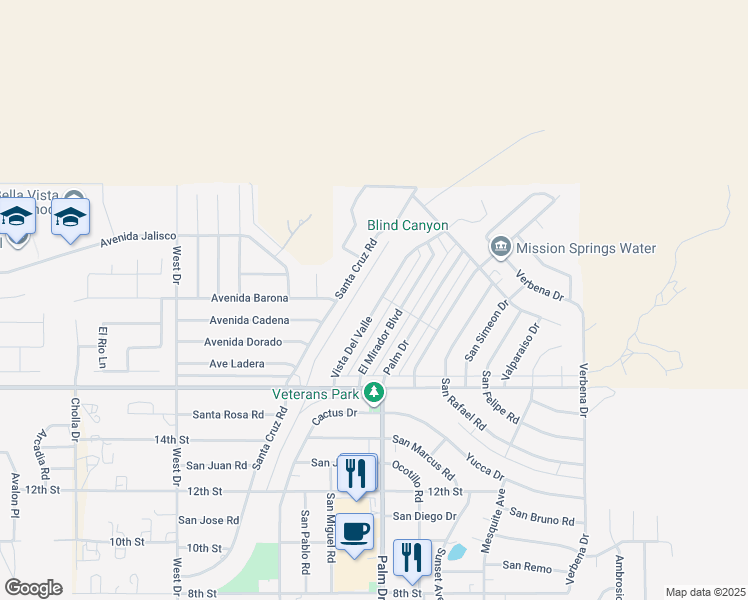 map of restaurants, bars, coffee shops, grocery stores, and more near 9577 Vista Del Valle in Desert Hot Springs