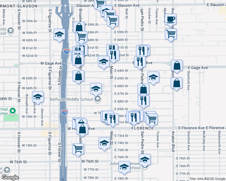 map of restaurants, bars, coffee shops, grocery stores, and more near 108 East 66th Street in Los Angeles