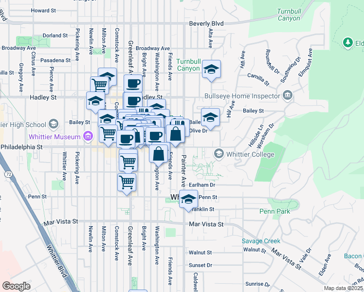map of restaurants, bars, coffee shops, grocery stores, and more near in Whittier
