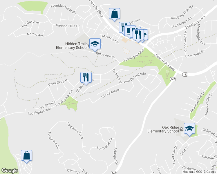 map of restaurants, bars, coffee shops, grocery stores, and more near 2436 Paseo Del Palacio in Chino Hills