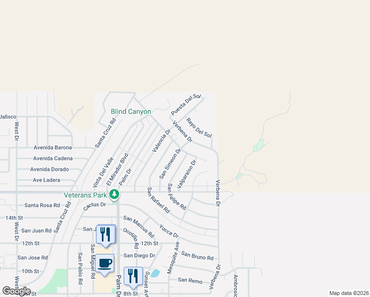 map of restaurants, bars, coffee shops, grocery stores, and more near 9607 San Simeon Drive in Desert Hot Springs