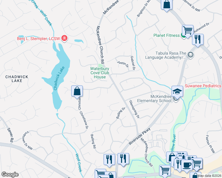 map of restaurants, bars, coffee shops, grocery stores, and more near 900 McKendree Park Lane in Lawrenceville
