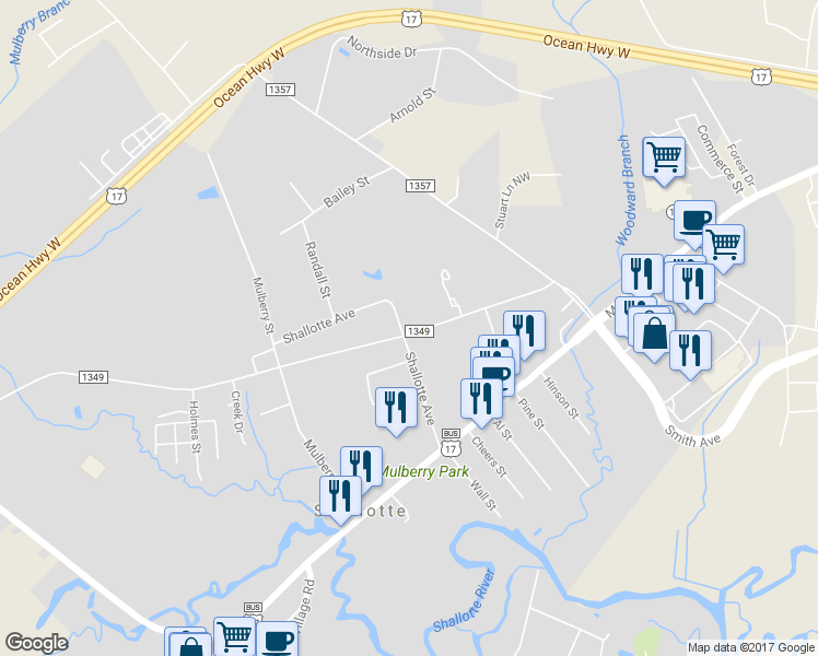 map of restaurants, bars, coffee shops, grocery stores, and more near 4648 White Street in Shallotte