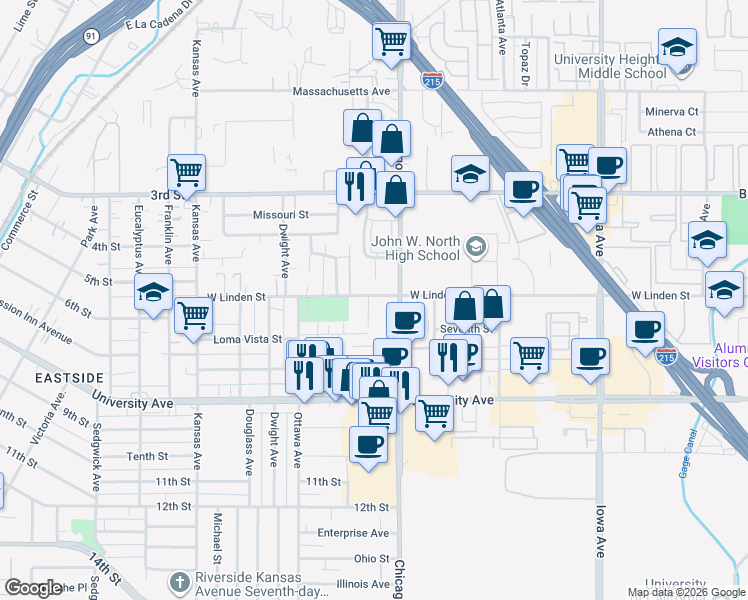 map of restaurants, bars, coffee shops, grocery stores, and more near 3546 Lou Ella Lane in Riverside