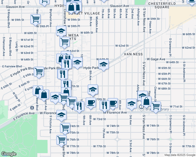 map of restaurants, bars, coffee shops, grocery stores, and more near 6624 Madden Avenue in Los Angeles