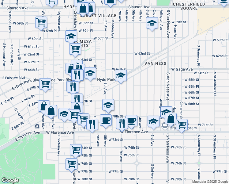 map of restaurants, bars, coffee shops, grocery stores, and more near 6624 Madden Avenue in Los Angeles