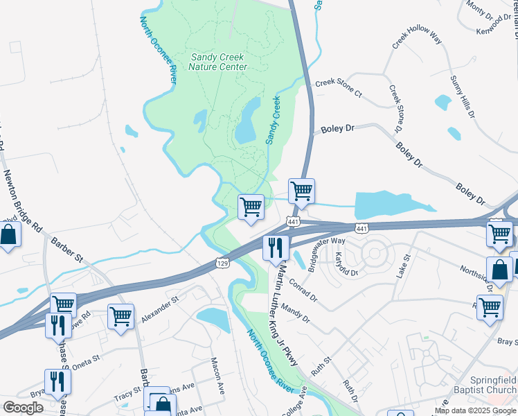 map of restaurants, bars, coffee shops, grocery stores, and more near Athens - North Oconee River Greenway in Athens