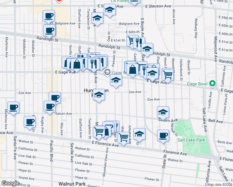 map of restaurants, bars, coffee shops, grocery stores, and more near 6600 Passaic Street in Huntington Park