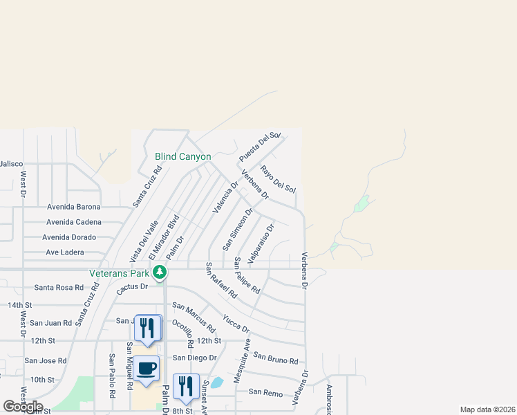 map of restaurants, bars, coffee shops, grocery stores, and more near 9607 San Simeon Drive in Desert Hot Springs