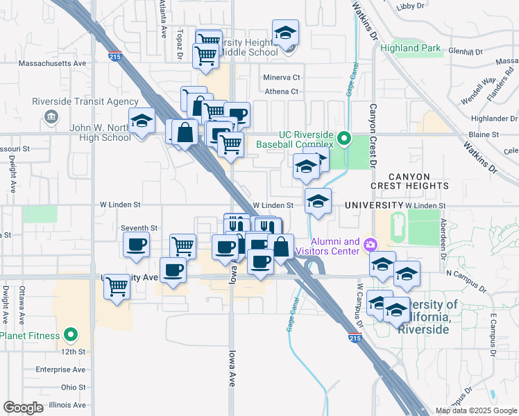 map of restaurants, bars, coffee shops, grocery stores, and more near 1179 West Linden Street in Riverside
