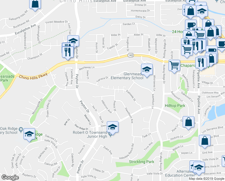 map of restaurants, bars, coffee shops, grocery stores, and more near 15158 Genova Court in Chino Hills