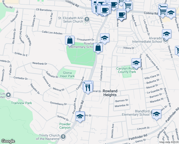 map of restaurants, bars, coffee shops, grocery stores, and more near 2231 Galatina Street in Rowland Heights