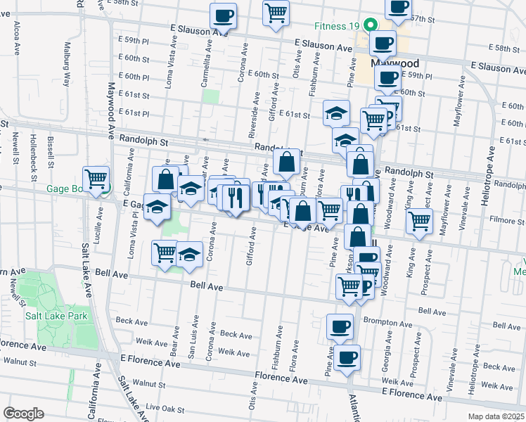 map of restaurants, bars, coffee shops, grocery stores, and more near 6331 Gifford Avenue in Bell