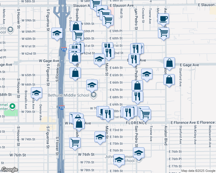 map of restaurants, bars, coffee shops, grocery stores, and more near 108 East 66th Street in Los Angeles
