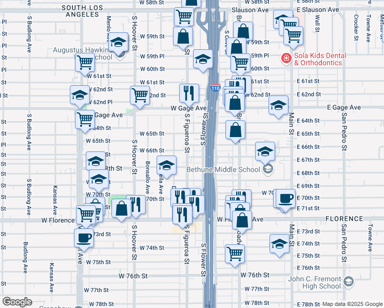map of restaurants, bars, coffee shops, grocery stores, and more near 6600 South Figueroa Street in Los Angeles