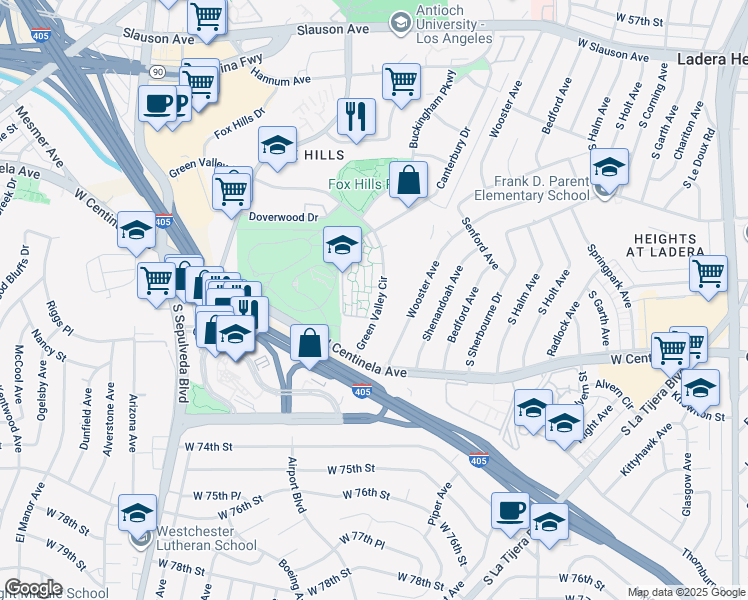 map of restaurants, bars, coffee shops, grocery stores, and more near 6541 Green Valley Circle in Culver City