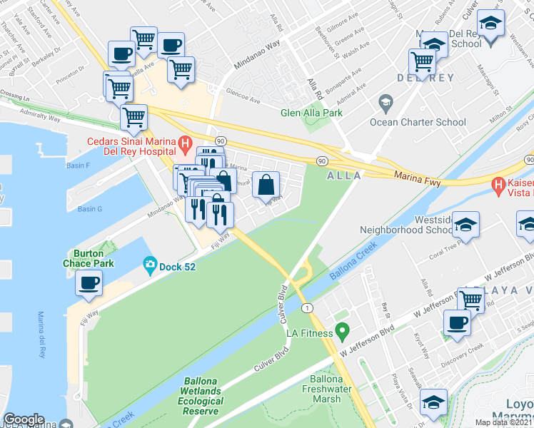 map of restaurants, bars, coffee shops, grocery stores, and more near 13228 Fiji Way in Marina del Rey